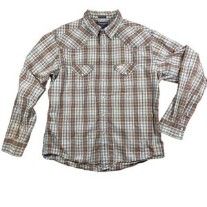 American‎ Eagle Mens Western Pearl Snap Shirt Large Slim Fit Plaid Brown Blue